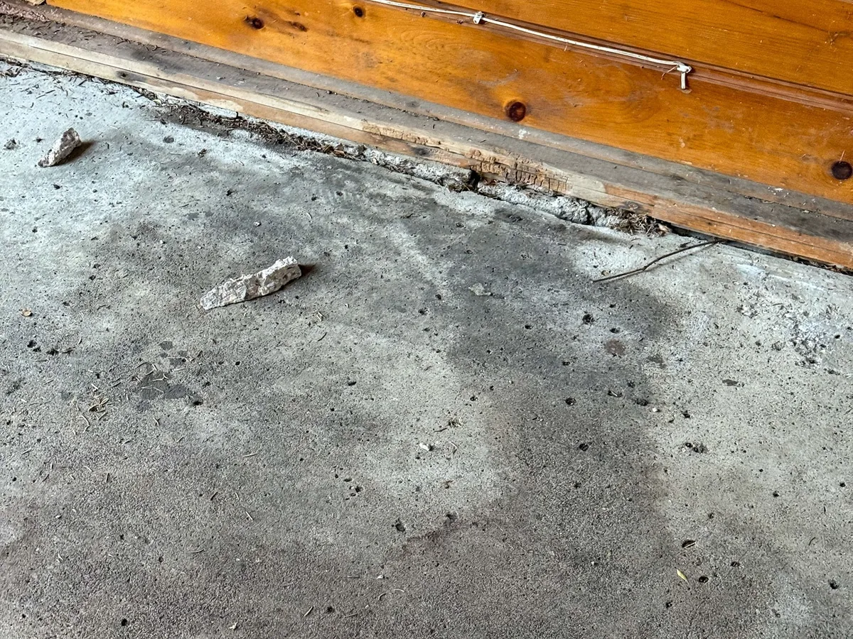 Chipped and spalled concrete along a garage wall