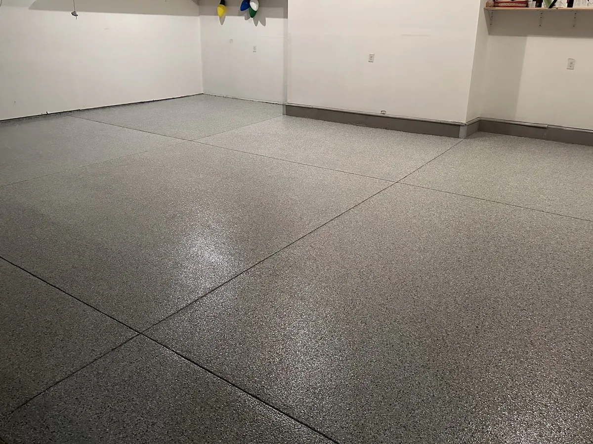 The same garage with a gray flake floor coating