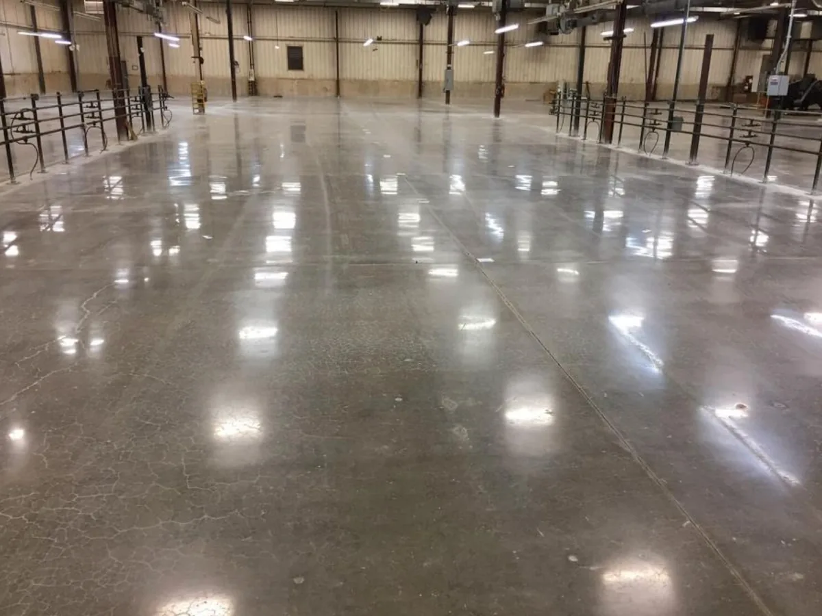 High gloss polished concrete floor in a large steel sided commercial building