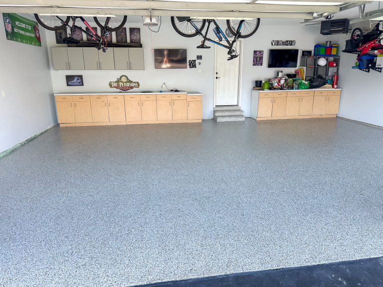 Cabin Fever flake finished garage floor floor after prep, repair and coating with polyaspartic