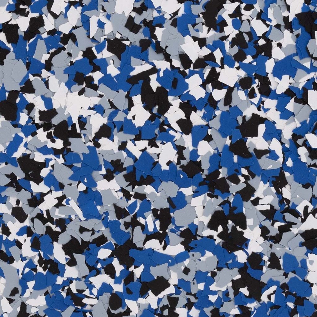 “Orbit garage floor coating in Minnetonka Minnesota using Torginol flake system, polyurea and polyaspartic coating with black gray white and blue blend modern floor”