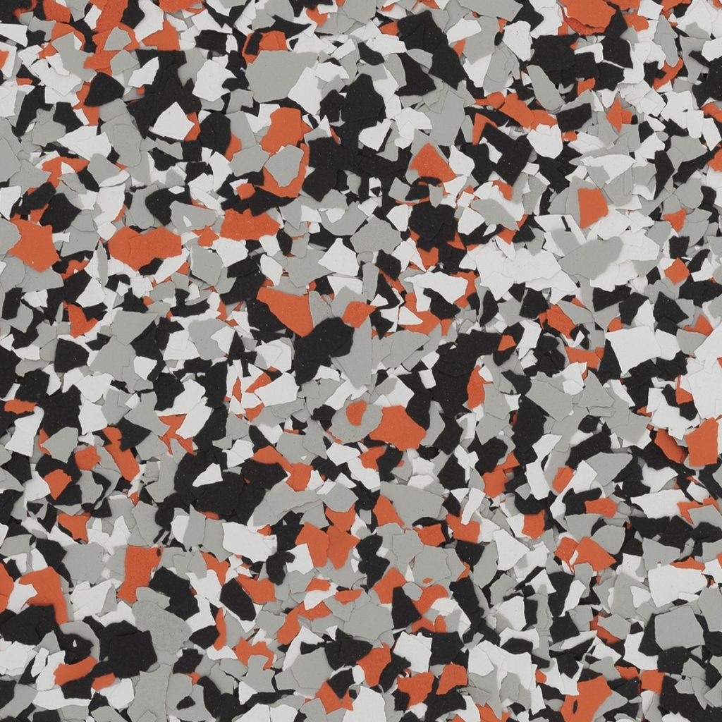 Hog garage floor coating in Twin Cities Minnesota using Torginol flake system, polyurea and polyaspartic coating with gray black white and orange Harley inspired blend